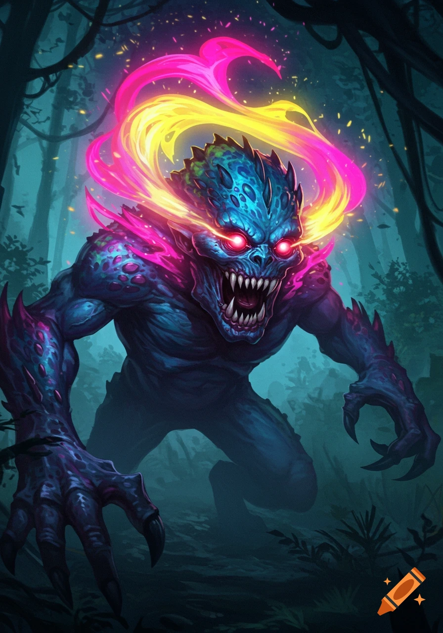 A blue monster with glowing red eyes and a vibrant pink and yellow aura stands in a dark, stylized forest.