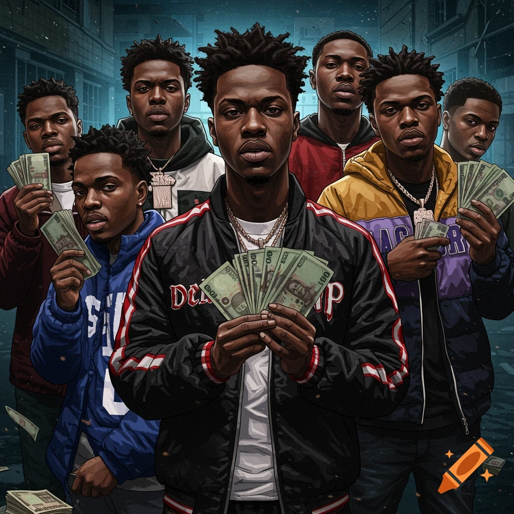Stylized illustration of several men holding stacks of cash in an urban setting.