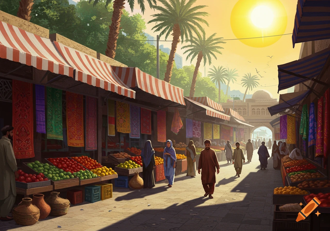 A vibrant outdoor market scene under a bright sun, with people walking between fruit and textile stalls, and palm trees.