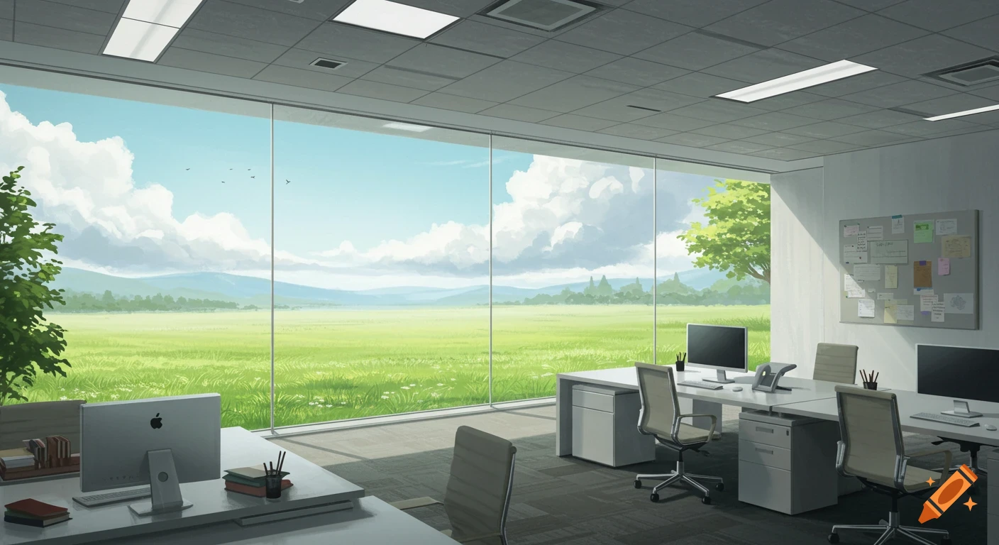 An anime-style office with a large window overlooking a vast green field and mountains under a blue sky.