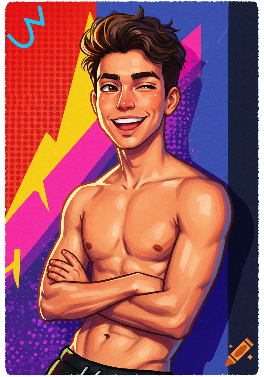 Cartoon man with brown hair, winking and smiling, arms crossed, shirtless, against a vibrant pop art background.
