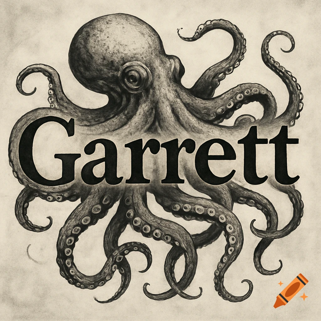 Black and white illustration of an octopus with tentacles wrapped around the word 'Garrett' in a Japanese art style.