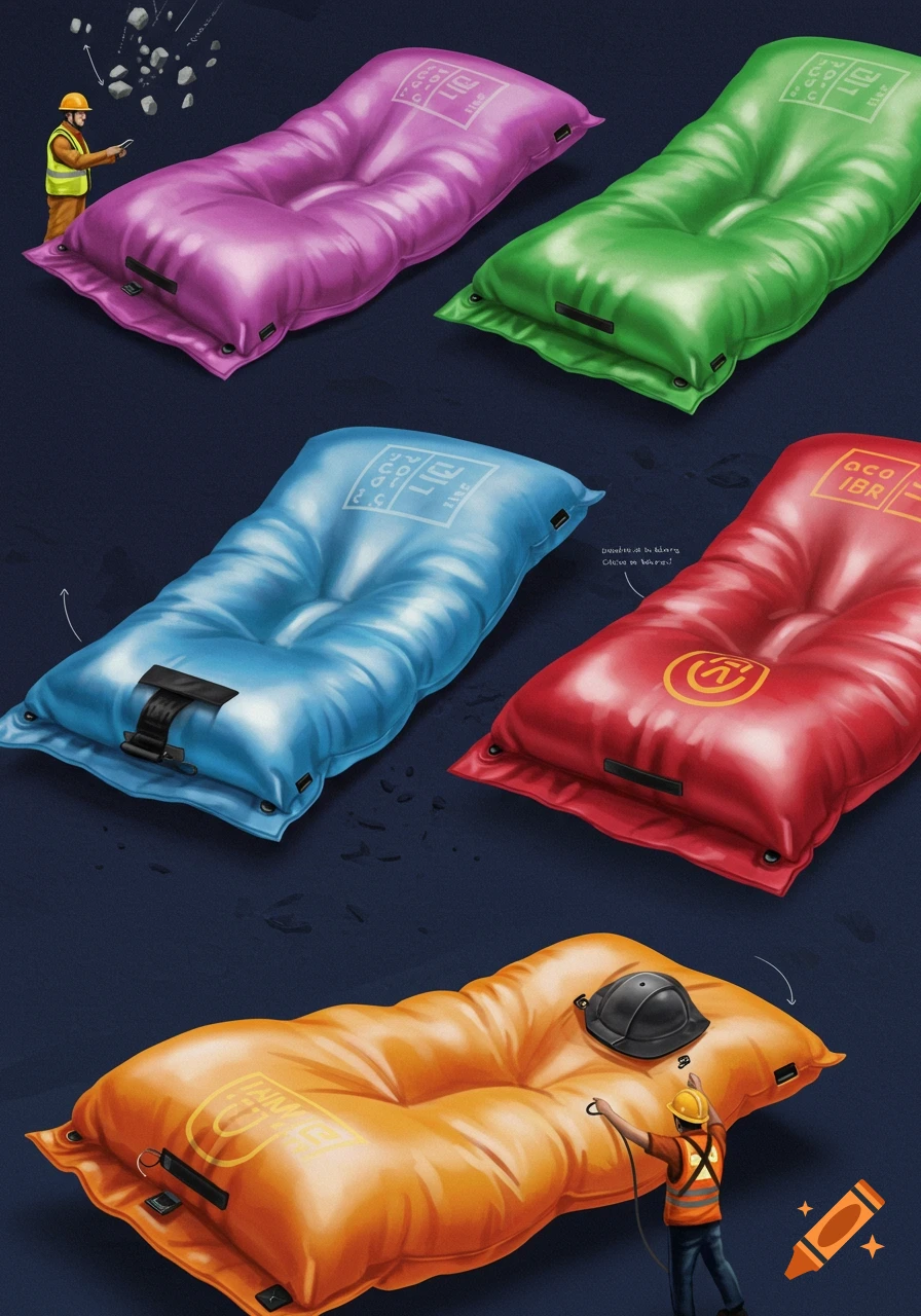 Five large colorful inflatable bags in pink, green, blue, red, and orange, with miniature construction workers interacting with them.