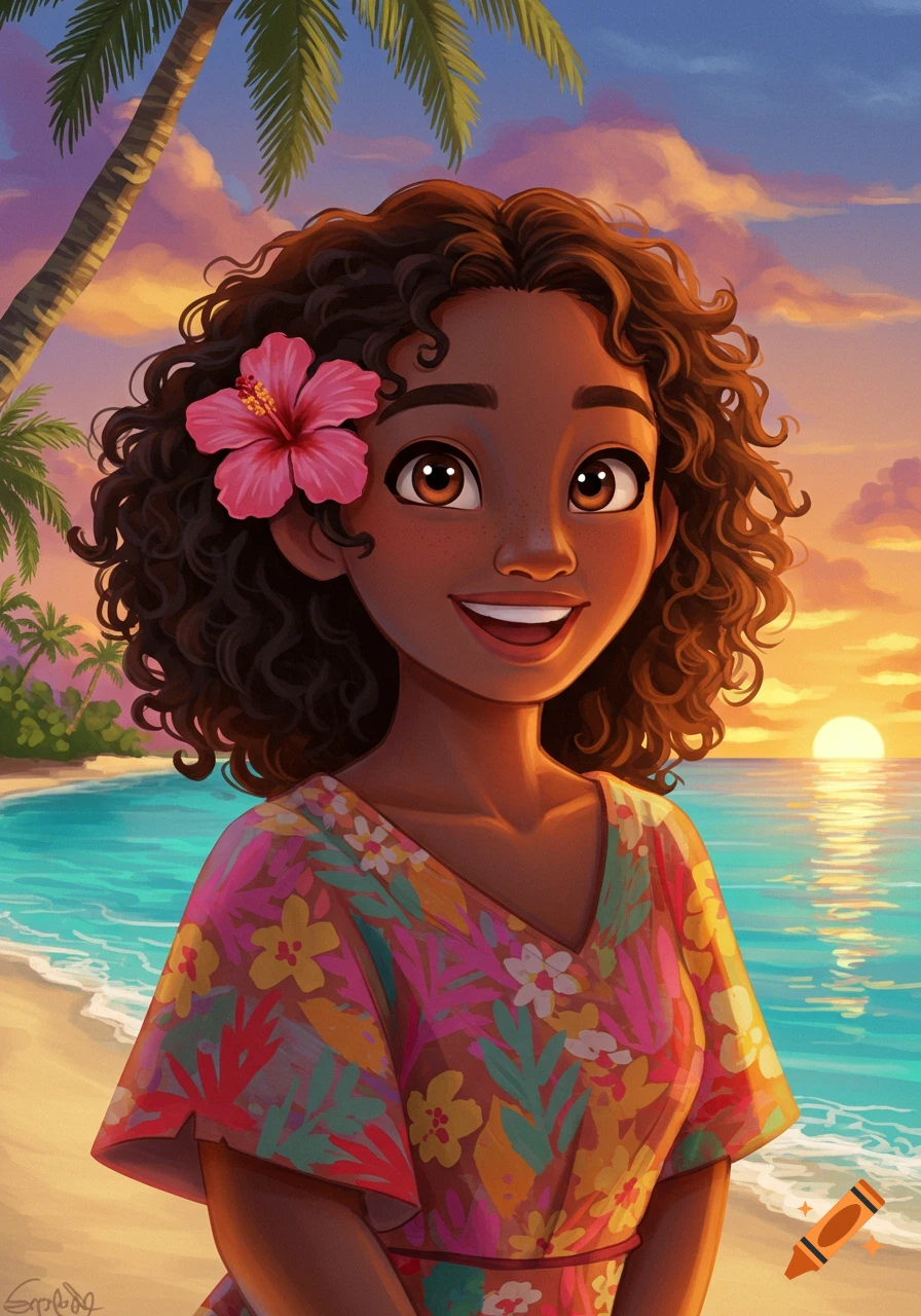 An animated island girl with dark curly hair and a pink hibiscus flower smiling on a tropical beach at sunset.