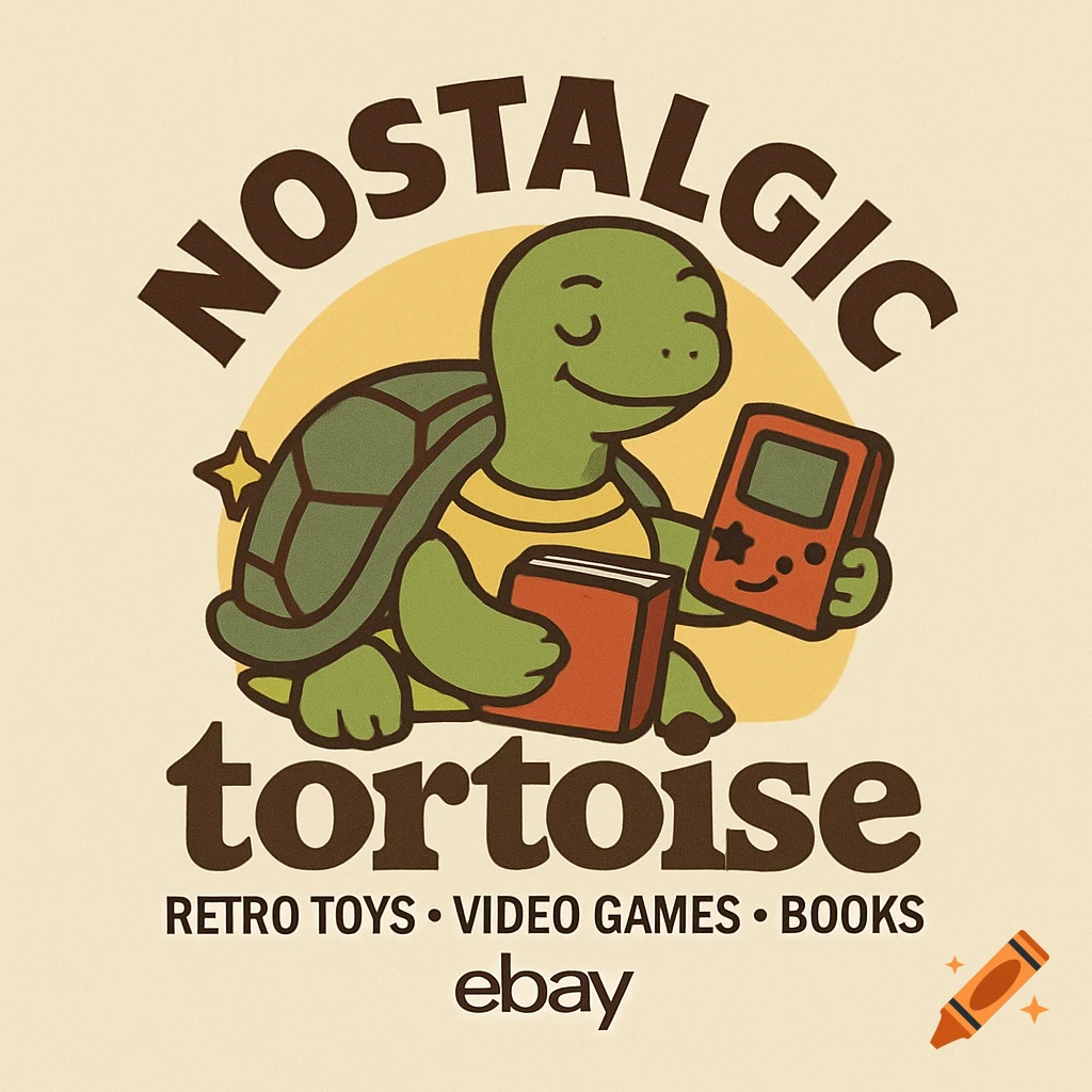 A colorful cartoon logo featuring a green tortoise wearing a yellow shirt, holding a red book and a red handheld video game. Text reads "NOSTALGIC tortoise", "RETRO TOYS ", "VIDEO GAMES ", "BOOKS", and "ebay".
