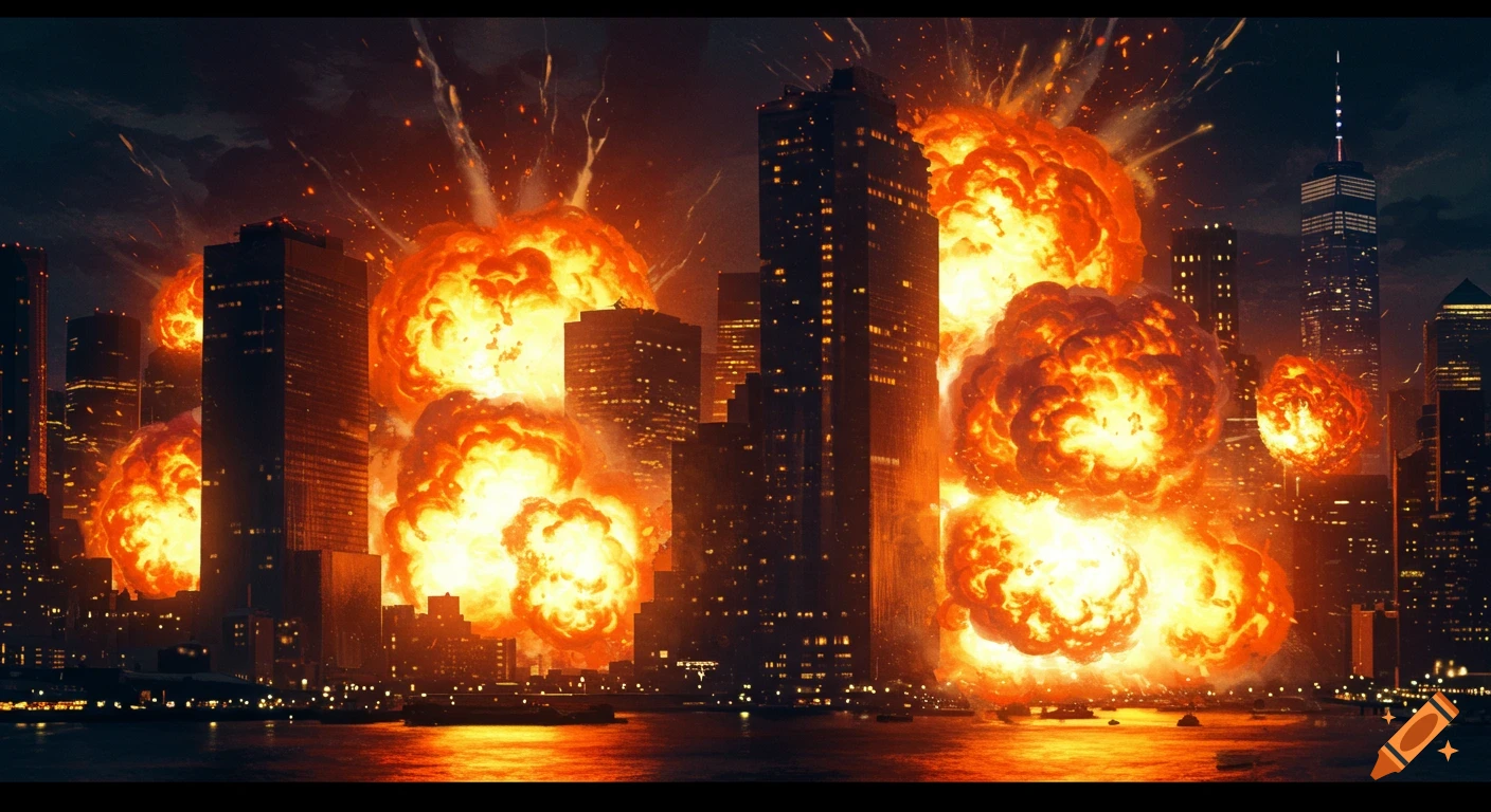 A stylized cityscape at night with multiple large, fiery explosions erupting among the buildings and over the river.