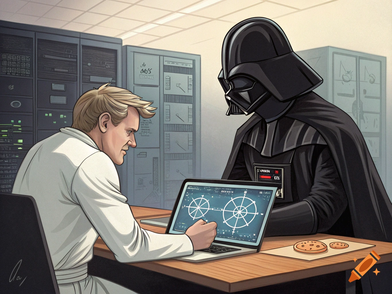 Darth Vader and Gordon Ramsay sit at a desk, looking at a laptop screen displaying technical diagrams, in a cartoon style.