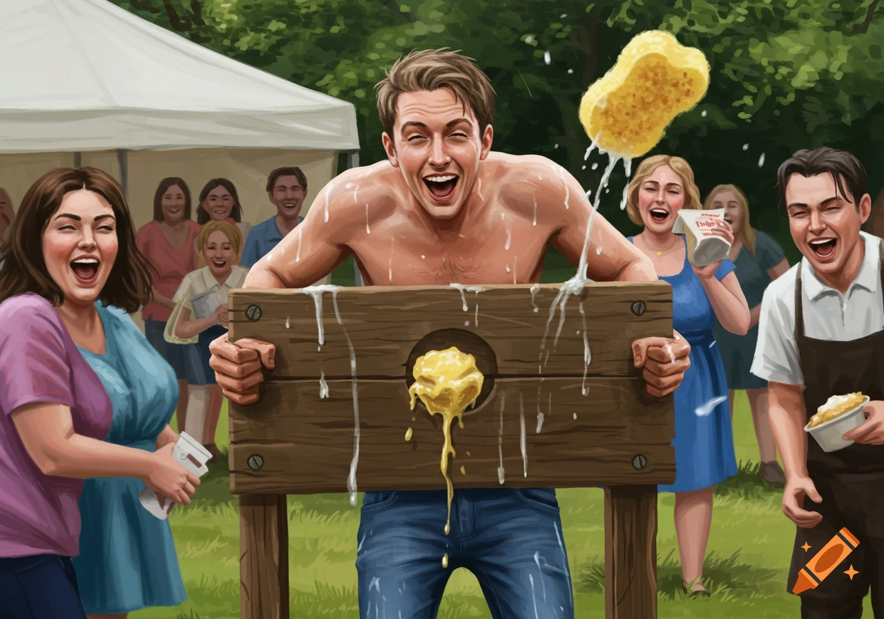 A shirtless man in wooden stocks laughs as people throw wet sponges and custard at him at an outdoor village fete.