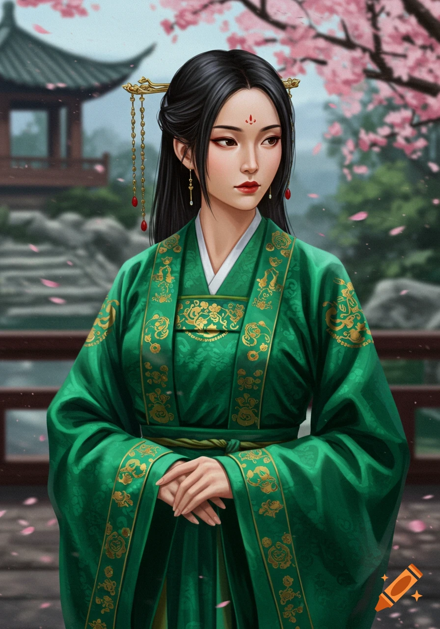 Digital art portrait of a woman in green traditional Asian robes with gold embroidery, standing in a garden with cherry blossoms.