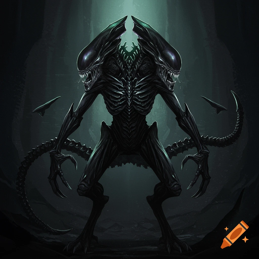 A symmetrical, dark, xenomorph-like creature with two heads, sharp teeth, and multiple tails stands in a dimly lit, eerie environment.