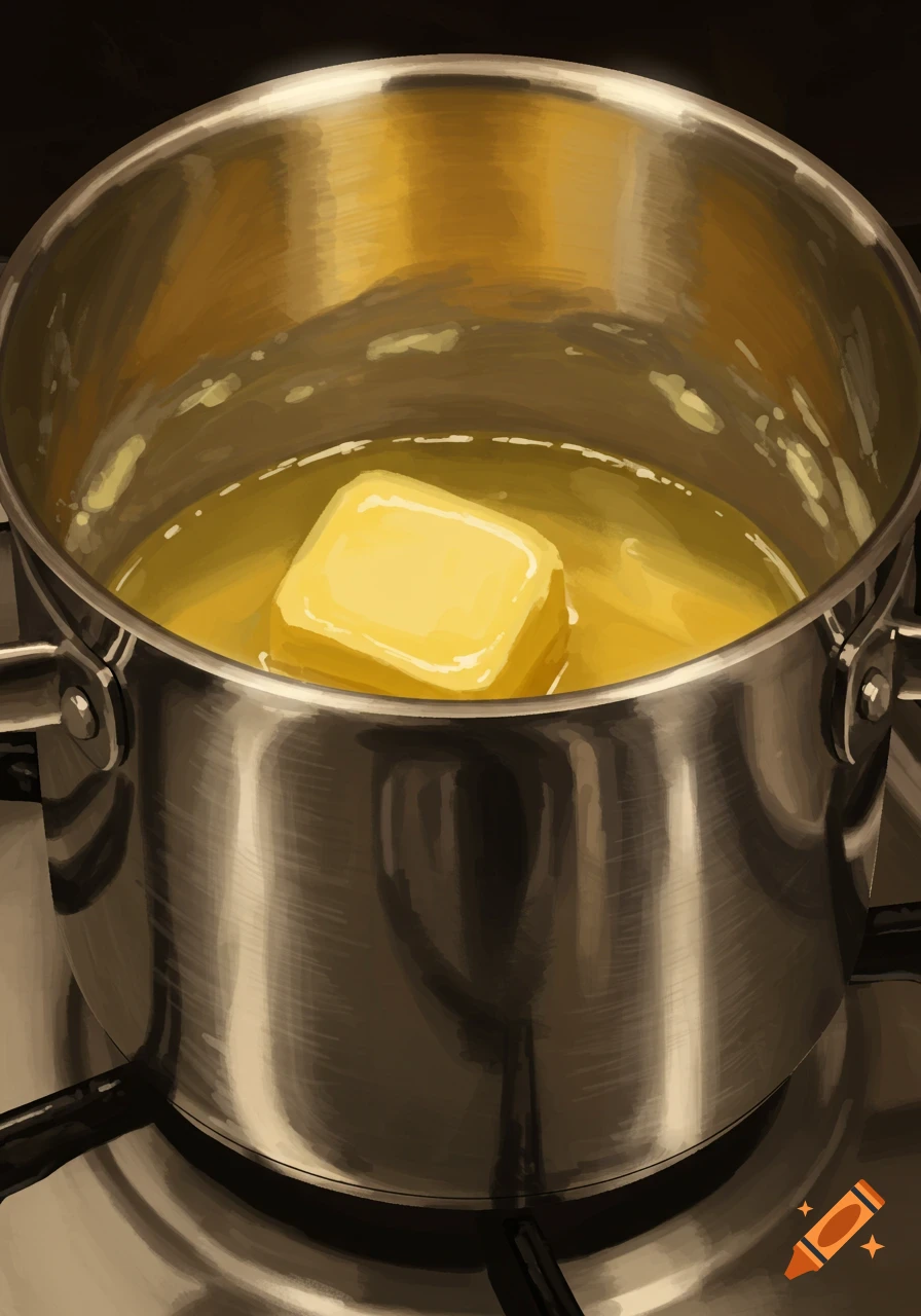 A block of yellow butter melting in a stainless steel pot on a stove.
