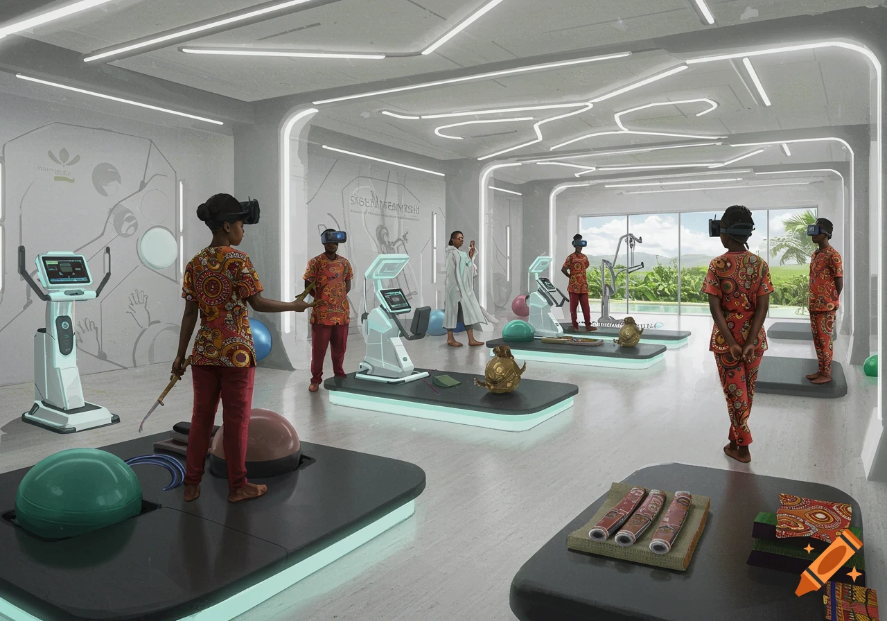 A futuristic, bright physiotherapy clinic with several people wearing VR headsets, using high-tech exercise equipment with glowing light accents. Palm trees are visible through large windows.