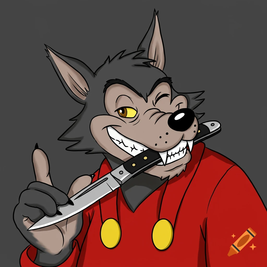 A winking gray cartoon wolf, resembling the Big Bad Wolf, holds an open switchblade in its mouth and hand.