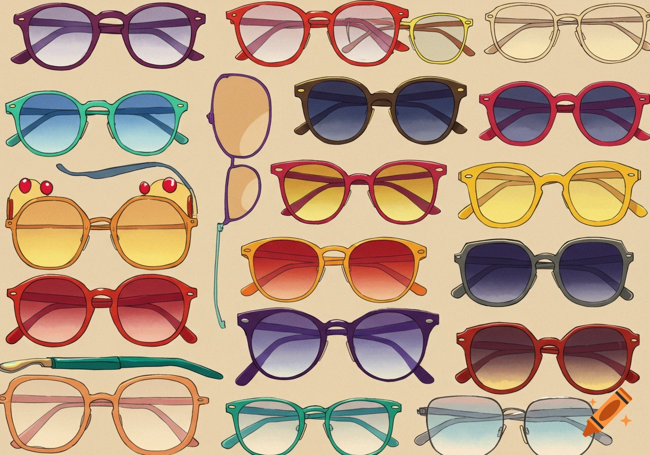 A collection of colorful illustrated eyeglasses and sunglasses on a beige background.