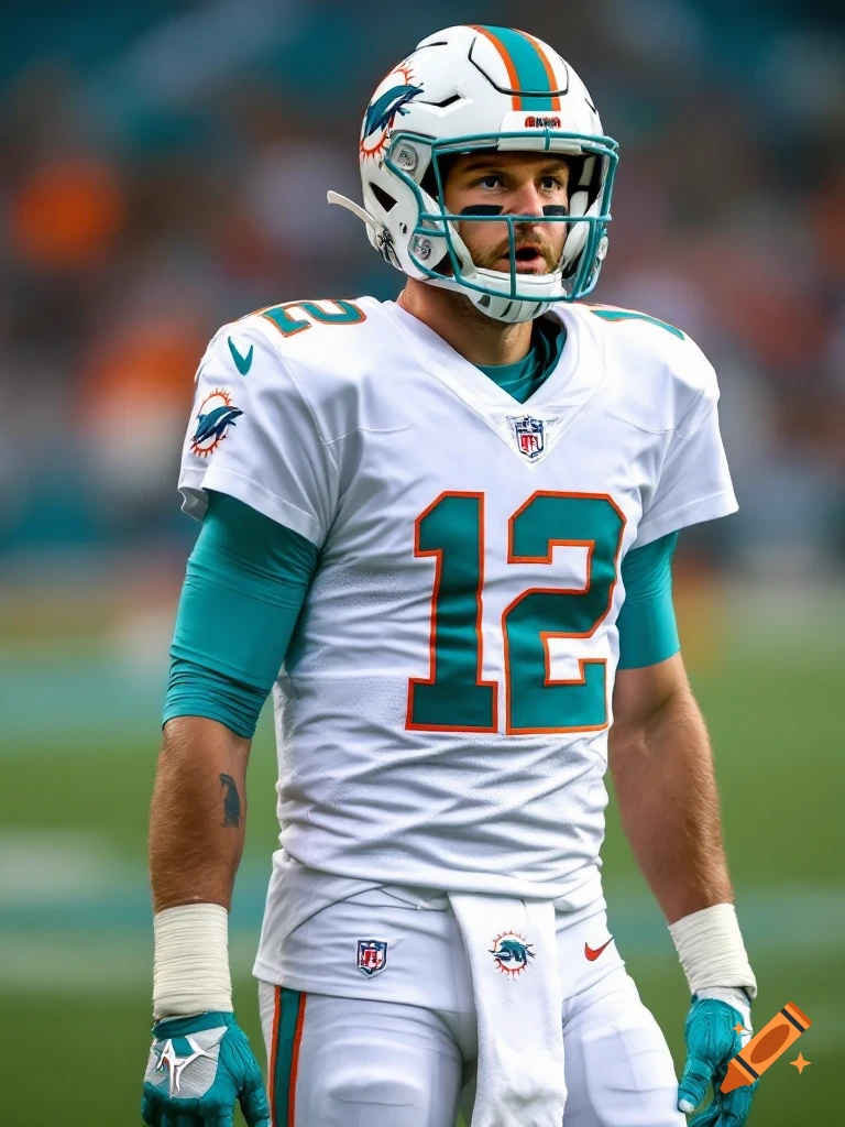 A photorealistic image of a football player in a white Miami Dolphins uniform with the number 12 and a helmet, standing on a field.