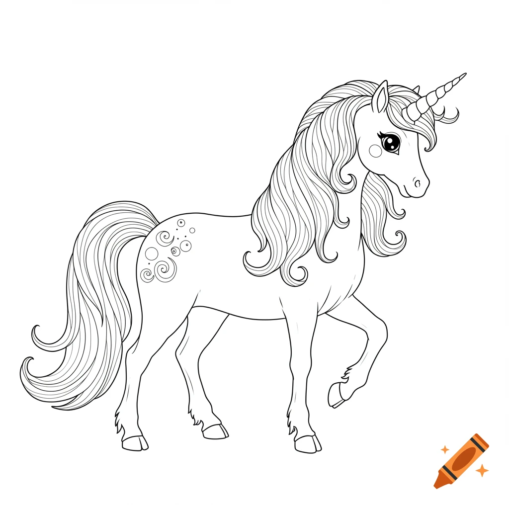 Black and white line drawing of a unicorn standing, suitable for a coloring page.
