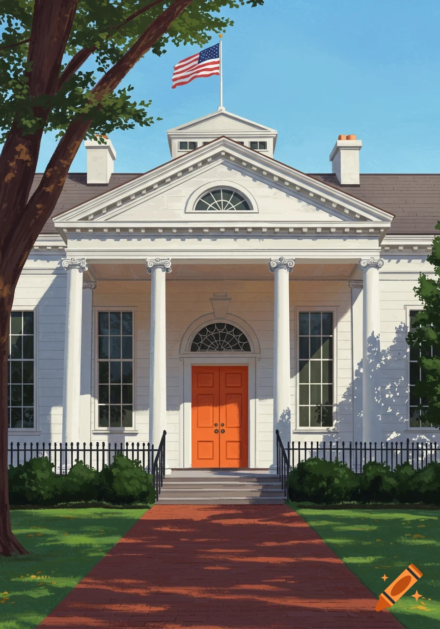 An illustration of a grand white building with a large orange door, multiple white columns, and an American flag flying from its roof. A brick pathway leads to the entrance, surrounded by green grass and trees.