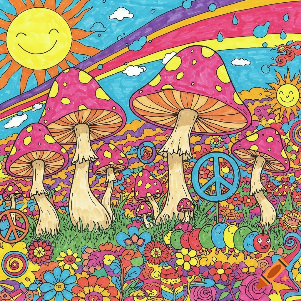 Colorful psychedelic drawing featuring large pink polka-dotted mushrooms, peace signs, smiling suns, flowers, and a caterpillar in a vibrant, whimsical style.