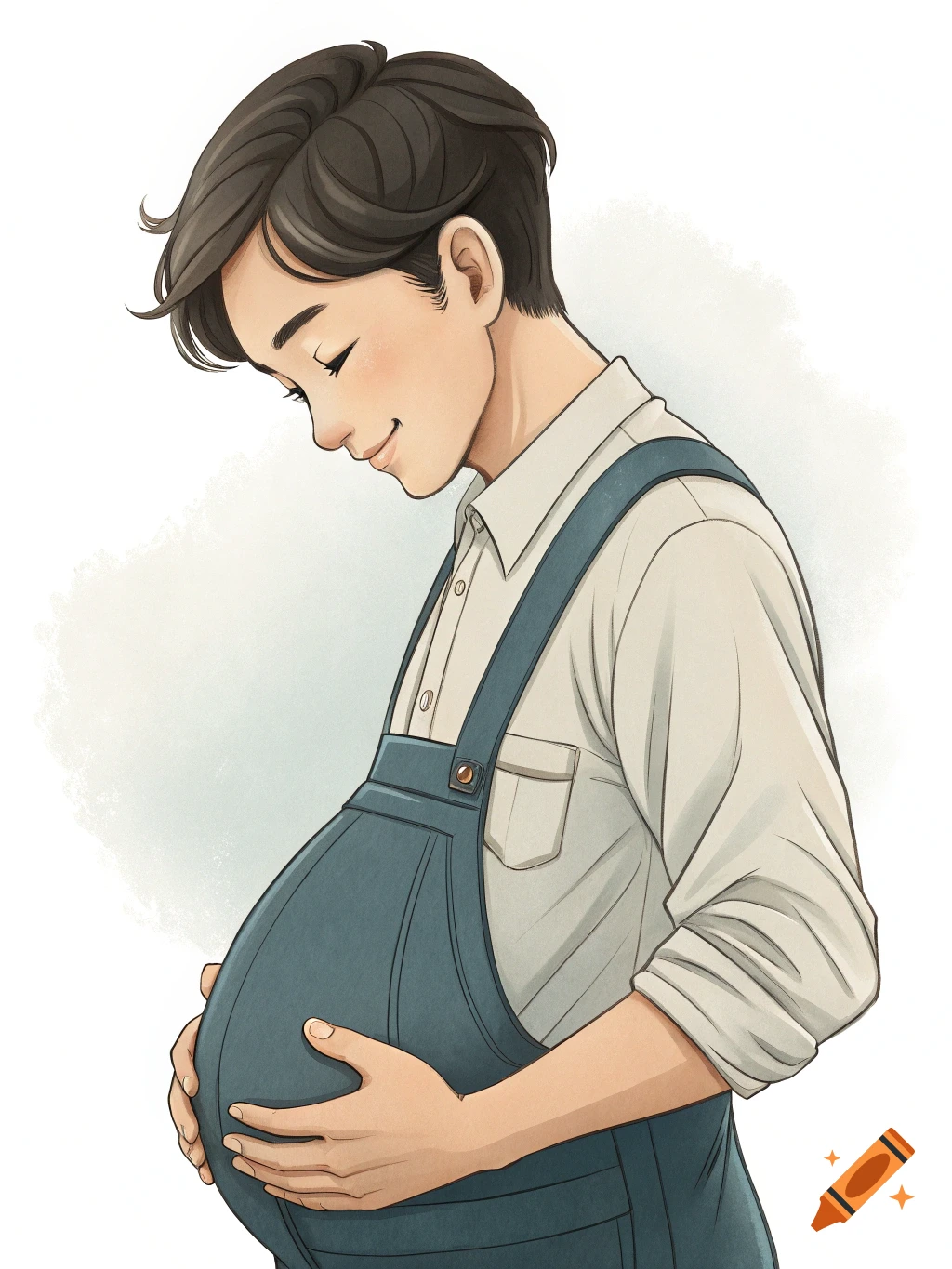 An anime-style illustration of a smiling young person with dark hair, wearing overalls, holding their pregnant belly.