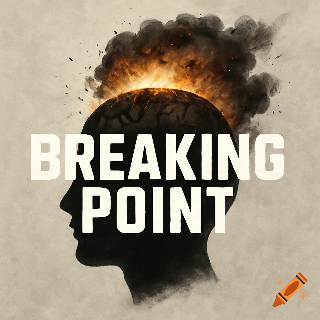 A dark silhouette of a person's head with the top of the brain exploding in fire and smoke, overlaid with the white text "BREAKING POINT."
