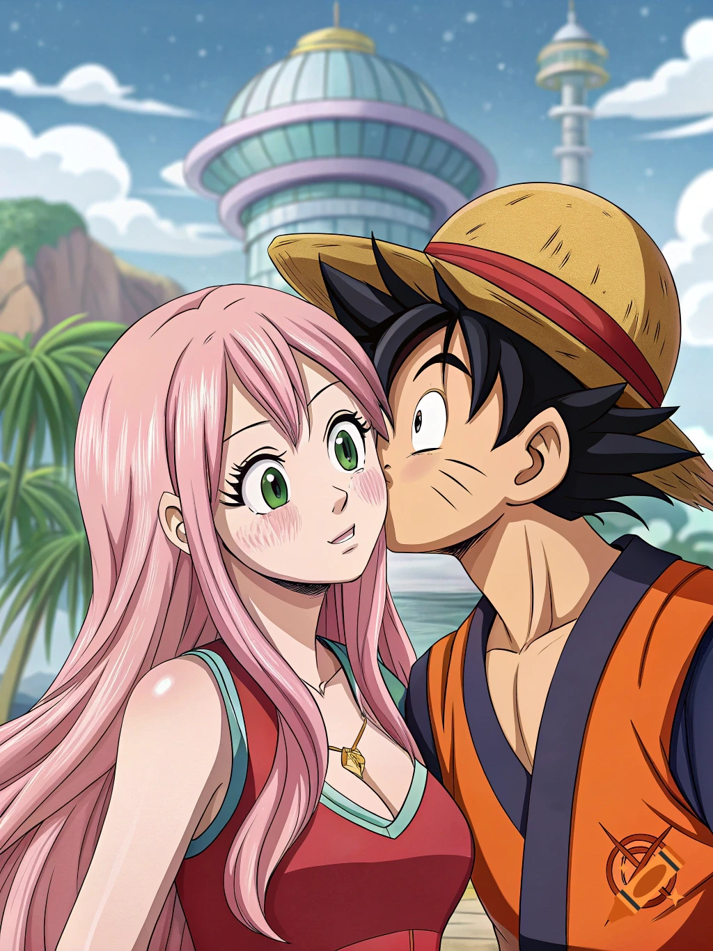 Anime-style illustration of a pink-haired woman blushing as a male character resembling Goku kisses her cheek on a beach with distant buildings.