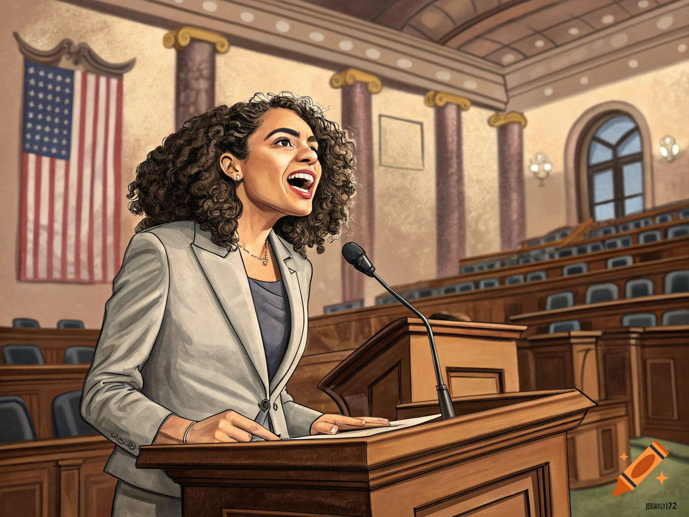 Caricature of a woman with curly hair speaking passionately at a podium in a congressional chamber, with an American flag.