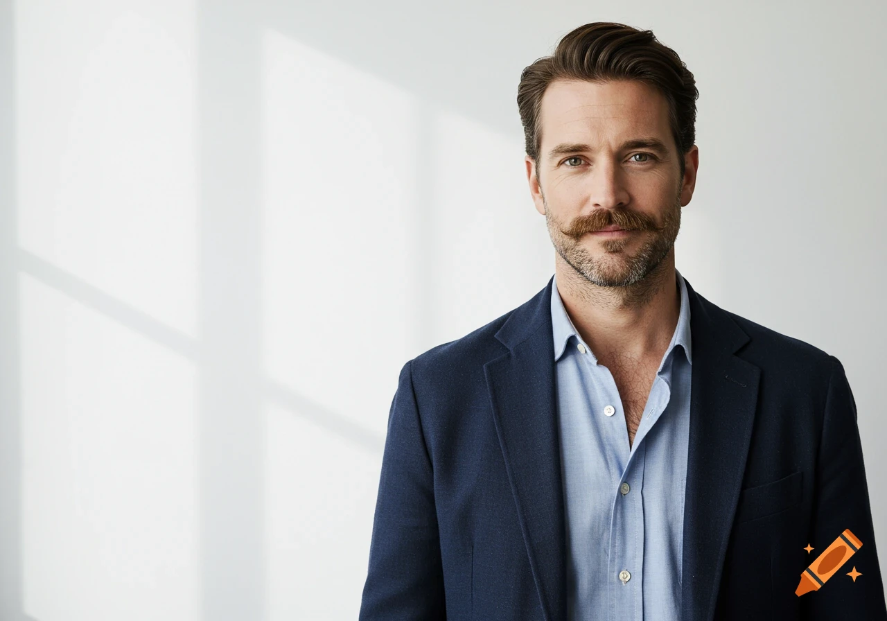 A photorealistic portrait of a man with a mustache and beard wearing a dark blue blazer and light blue shirt.