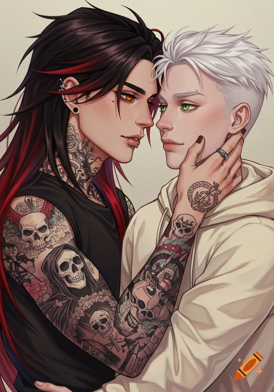 A romantic digital illustration of two young men embracing. One has long black and red hair, amber eyes, and tattoos, holding the white-haired man with green eyes.