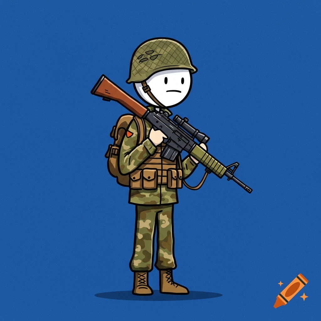 A cartoon stick figure soldier in military camouflage, helmet, and backpack, holding a rifle, against a solid blue background.