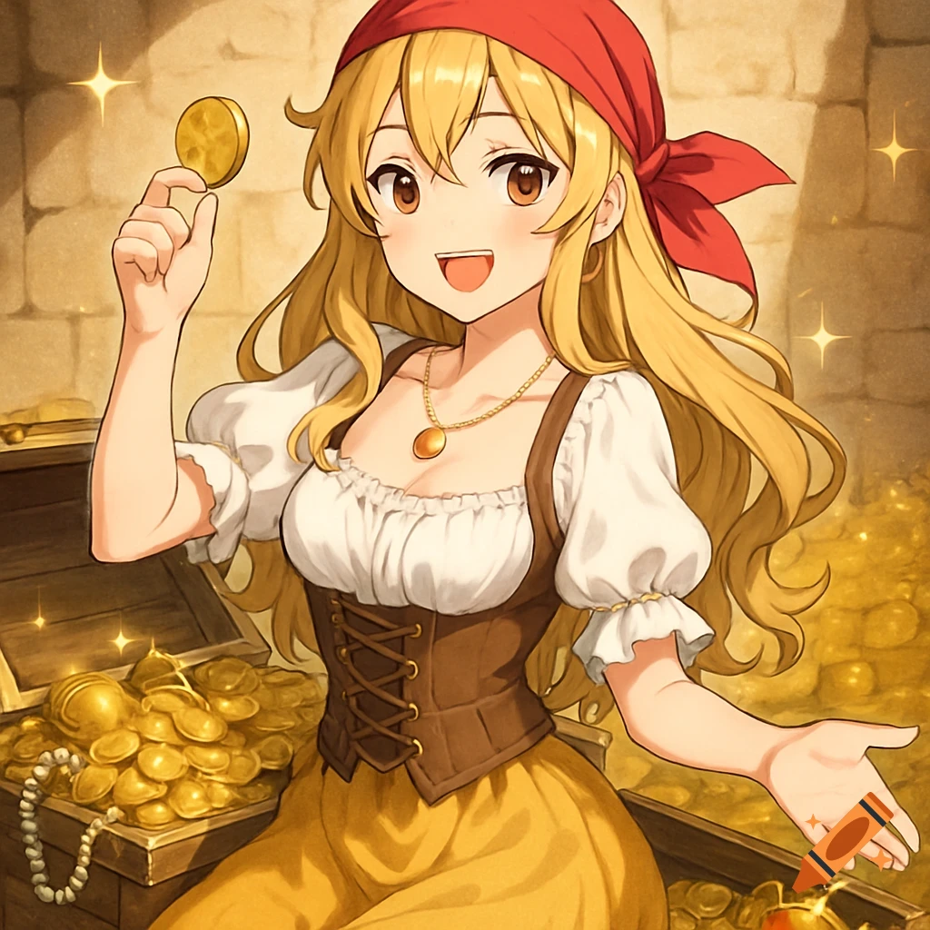 An anime girl with long blonde hair and a red bandana holds a gold coin while standing beside an open treasure chest filled with gold.