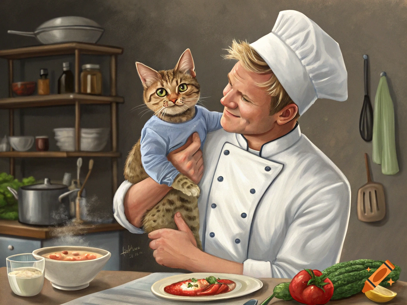 An illustration of chef Gordon Ramsay smiling while holding a cat wearing a blue shirt in a kitchen.