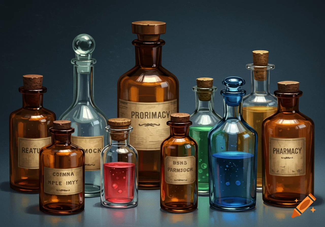 A collection of assorted glass pharmacy or alchemist bottles with various colored liquids and cork stoppers on a dark background.
