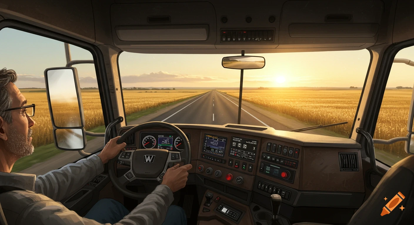 First-person view from a truck's driver's seat, showing a man driving down an open road through golden fields at sunset.