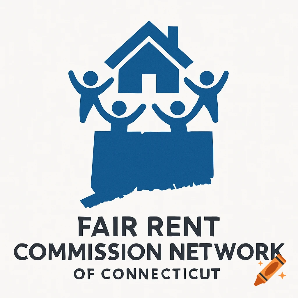 Blue logo with house, stick figures, and map of Connecticut, text reads 'FAIR RENT COMMISSION NETWORK OF CONNECTICUT'.