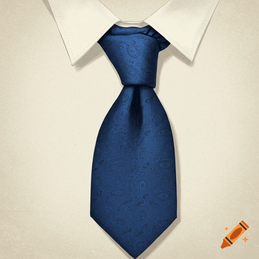 Close-up of a blue paisley patterned tie on a white dress shirt collar.