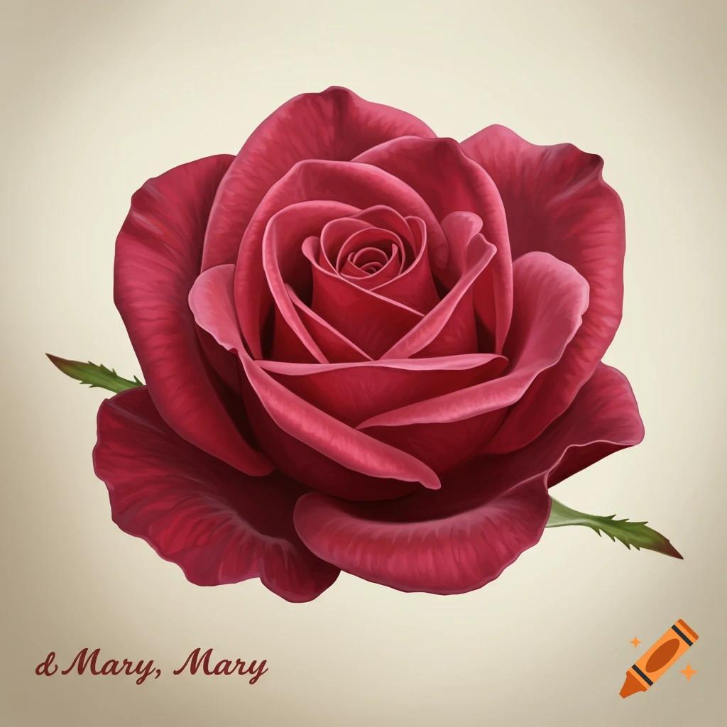 A detailed illustration of a single red rose with the text '& Mary, Mary' at the bottom.
