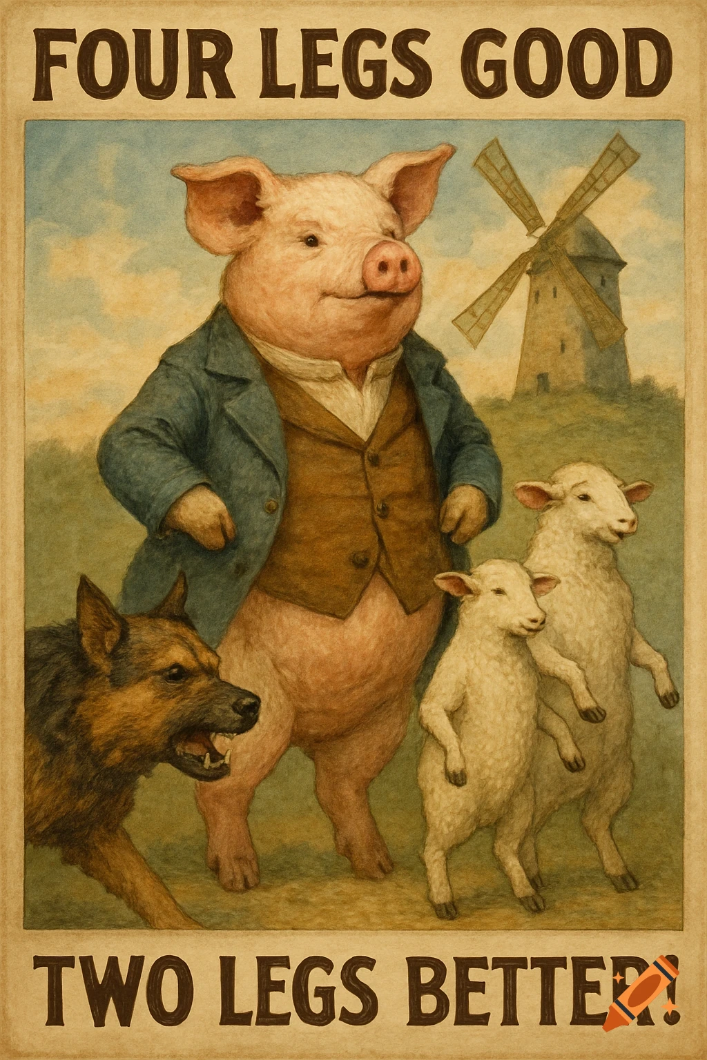 A vintage-style poster with a pig in a suit, two sheep, and a dog, set against a windmill. Text reads: "FOUR LEGS GOOD" and "TWO LEGS BETTER!"