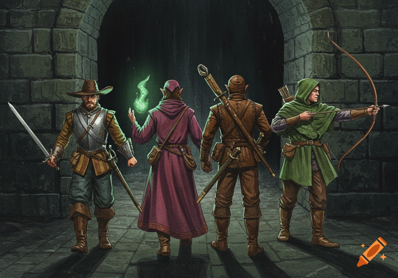 A watercolor painting of an adventure team, including a musketeer, sorcerer, and archer, entering a dark dungeon.