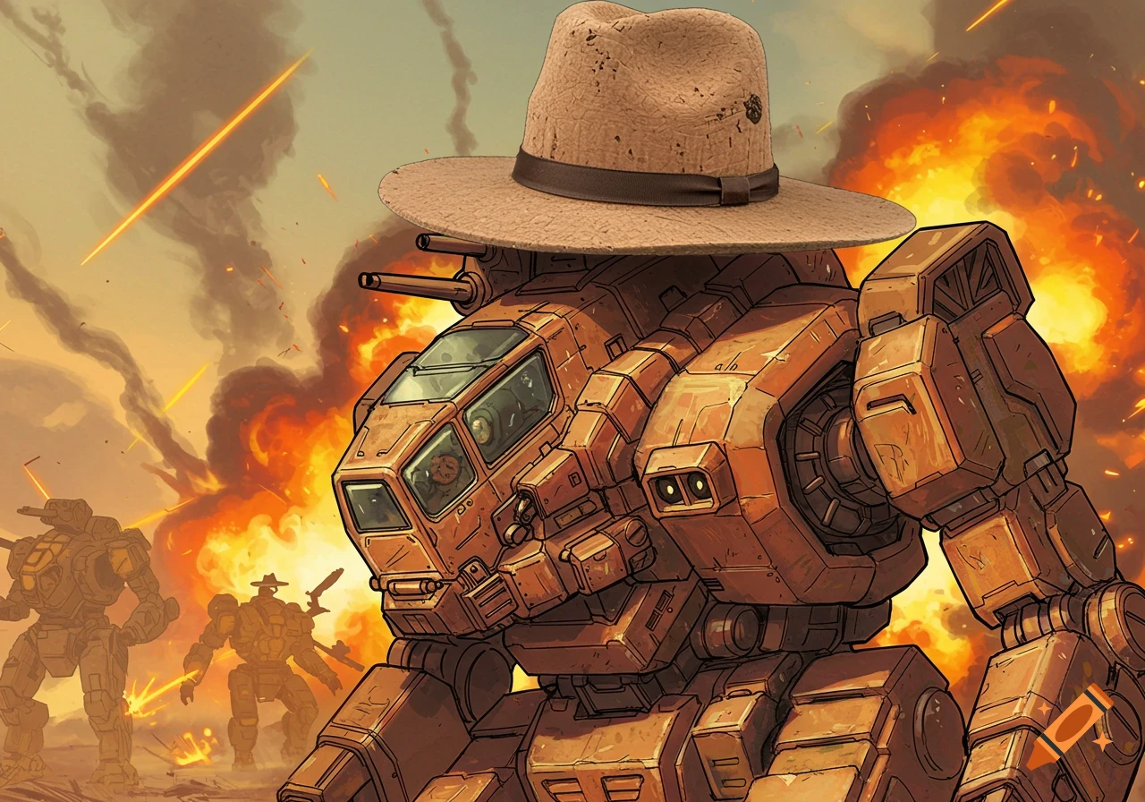 A large orange robot wearing a straw hat stands amidst explosions and smoke, with other robots in the background in a combat scene.
