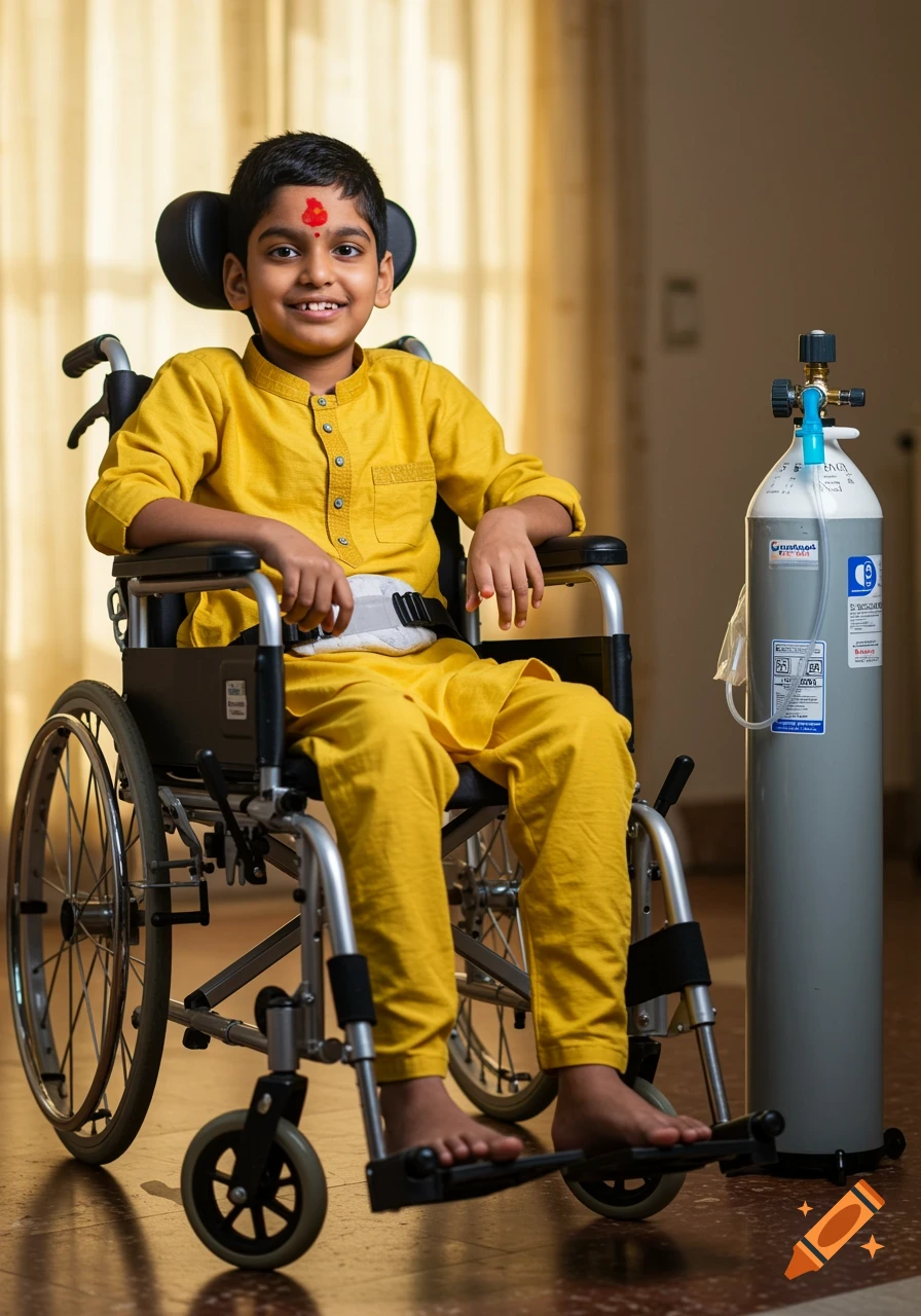 A smiling Indian boy in a yellow kurta sits in a wheelchair next to an oxygen tank.