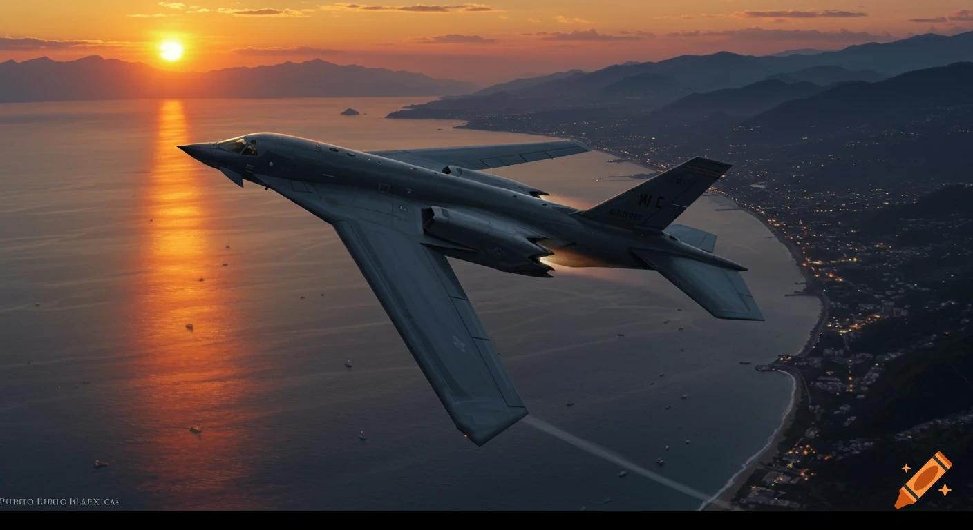 A B-2 bomber flies over a coastal city and ocean at sunset, with golden light reflecting on the water.