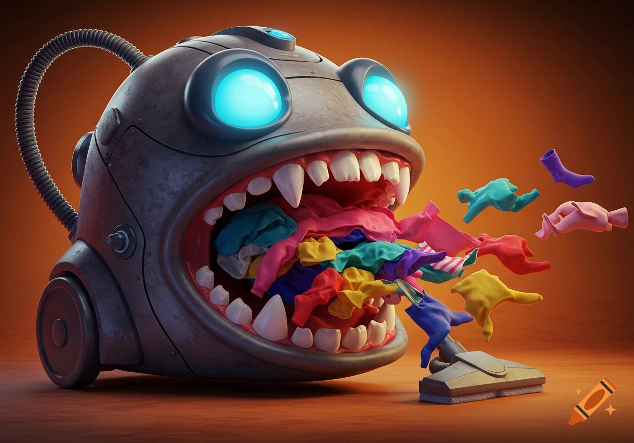 A whimsical 3D render of a monster-like vacuum cleaner with glowing blue eyes and sharp teeth, eating a pile of colorful clothes.