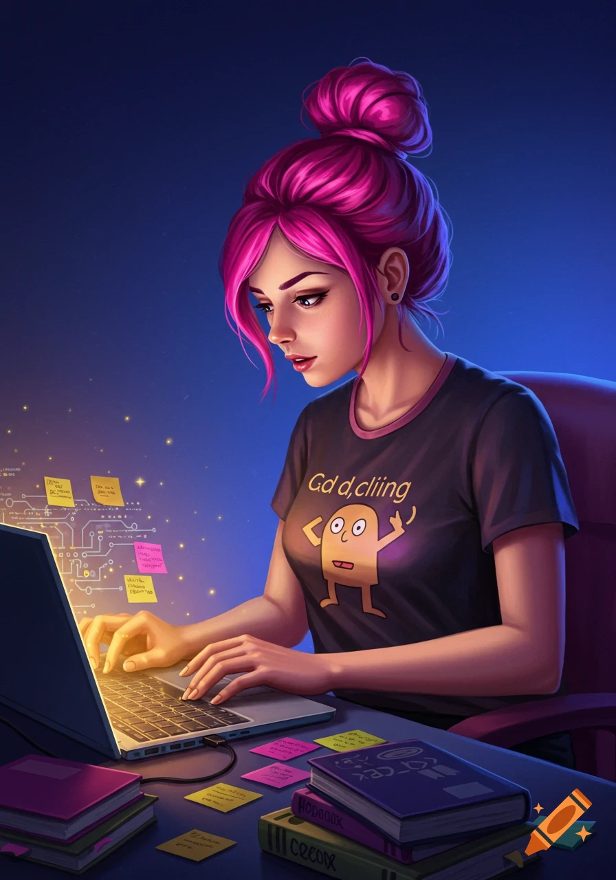 Vibrant digital illustration of a young woman with pink hair intently typing on a laptop at a desk with books and sticky notes.