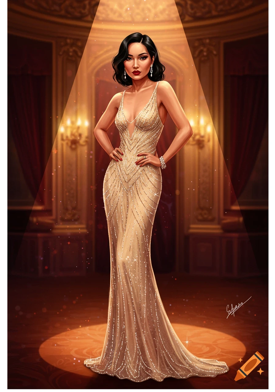 An elegant woman with dark hair in a sparkling gold gown, standing confidently under a spotlight in a grand hall, digital art.