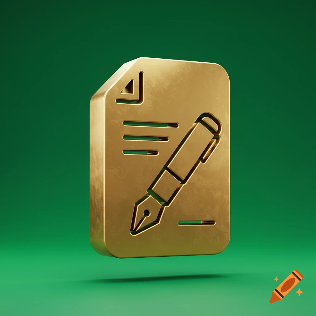 A gold 3D icon of a document with a fountain pen, set against a vibrant green background.