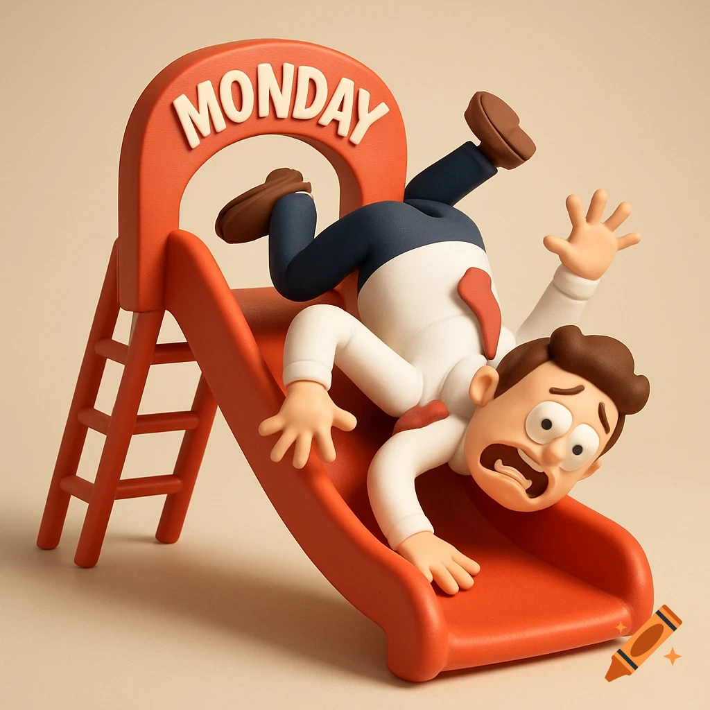 A 3D cartoon of a man in a business shirt falling headfirst down an orange slide labeled 'MONDAY', with a panicked expression.
