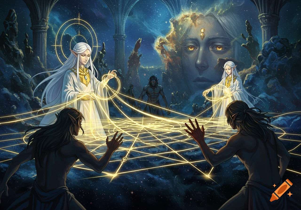 Anime fantasy art of Elohim and Draconians weaving and testing a golden energy grid in a cosmic cathedral with a giant face.