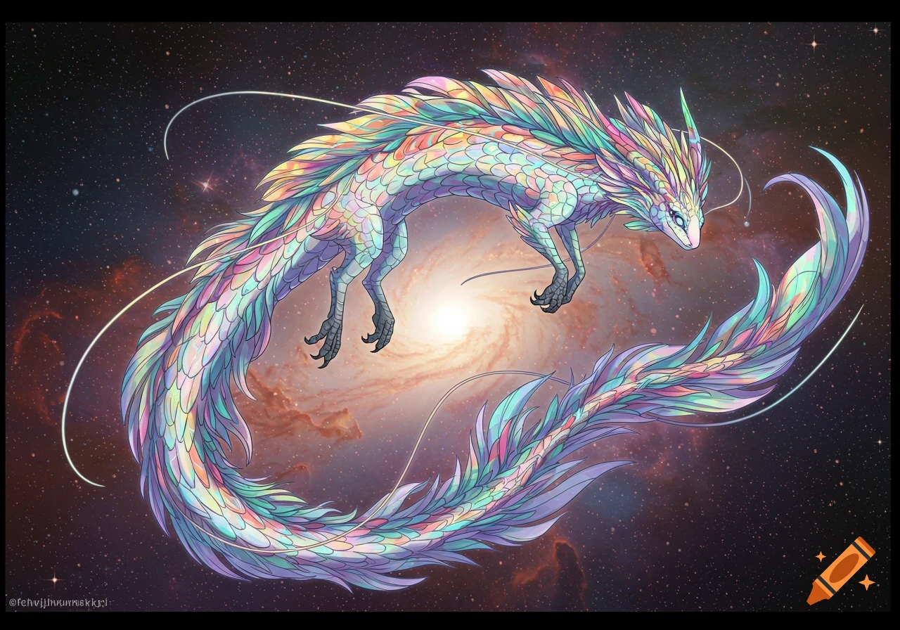 A vibrant iridescent dragon with many scales and feathers floats in space against a swirling galaxy.