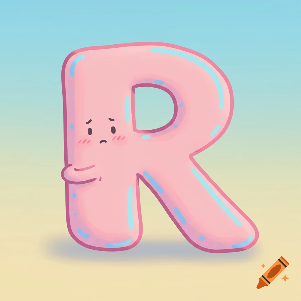 A shy-looking, pink cartoon letter R with a bubbly outline on a gradient blue and yellow background.