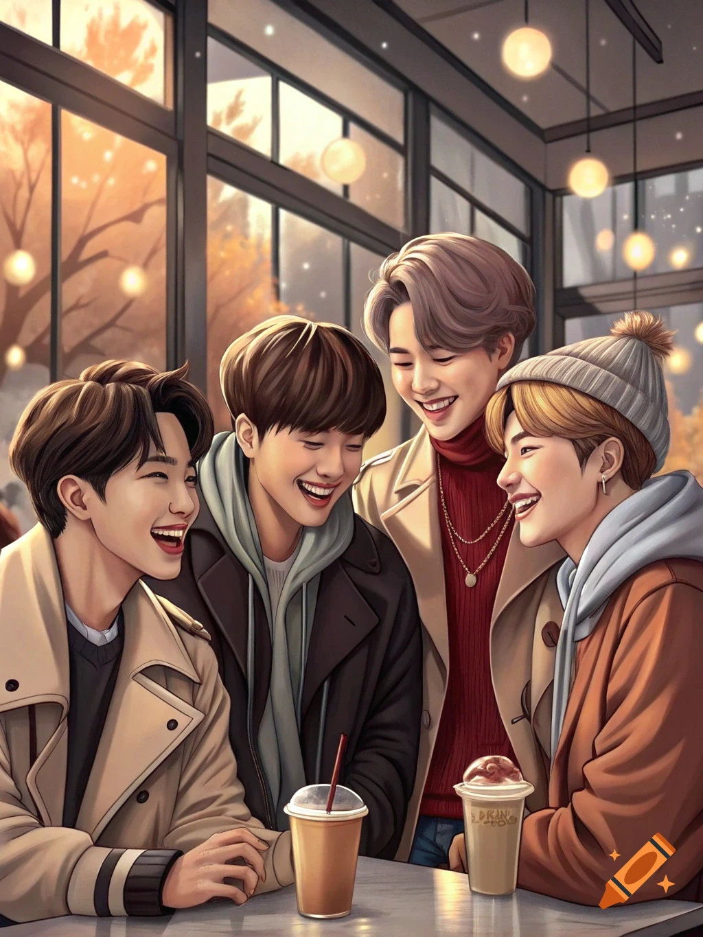 Four young men with anime-style features laugh together at a cafe table, with drinks in a warm, autumn setting.